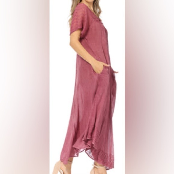 Sakkas Egan Magenta Long Embroidered Caftan Dress Embroidered Sleeves One Size - Picture 2 of 16